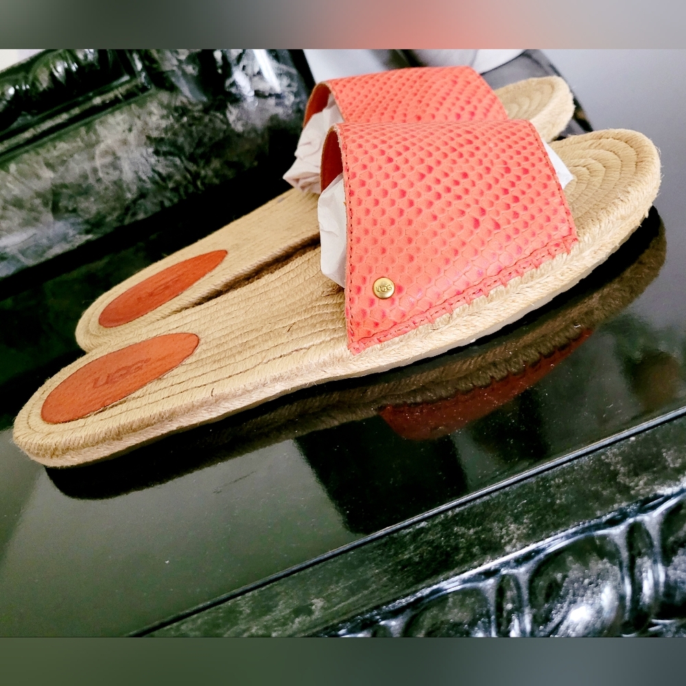 UGG Cherry Exotic Genuine Leather/Jute Espadrille Flat Slide Sandals Salmon 10 - Picture 4 of 16